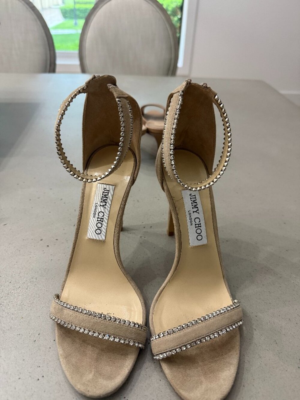 Jimmy Choo Lance Crystal Sandals – Nude Suede – Size 37.5